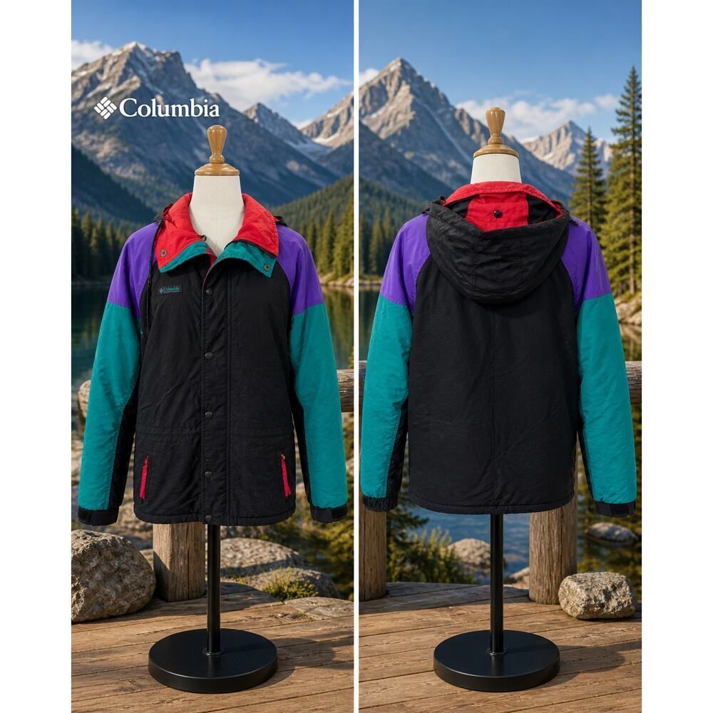 Vintage Columbia Colorblock Jacket 90s Ski Coat Hooded Black L